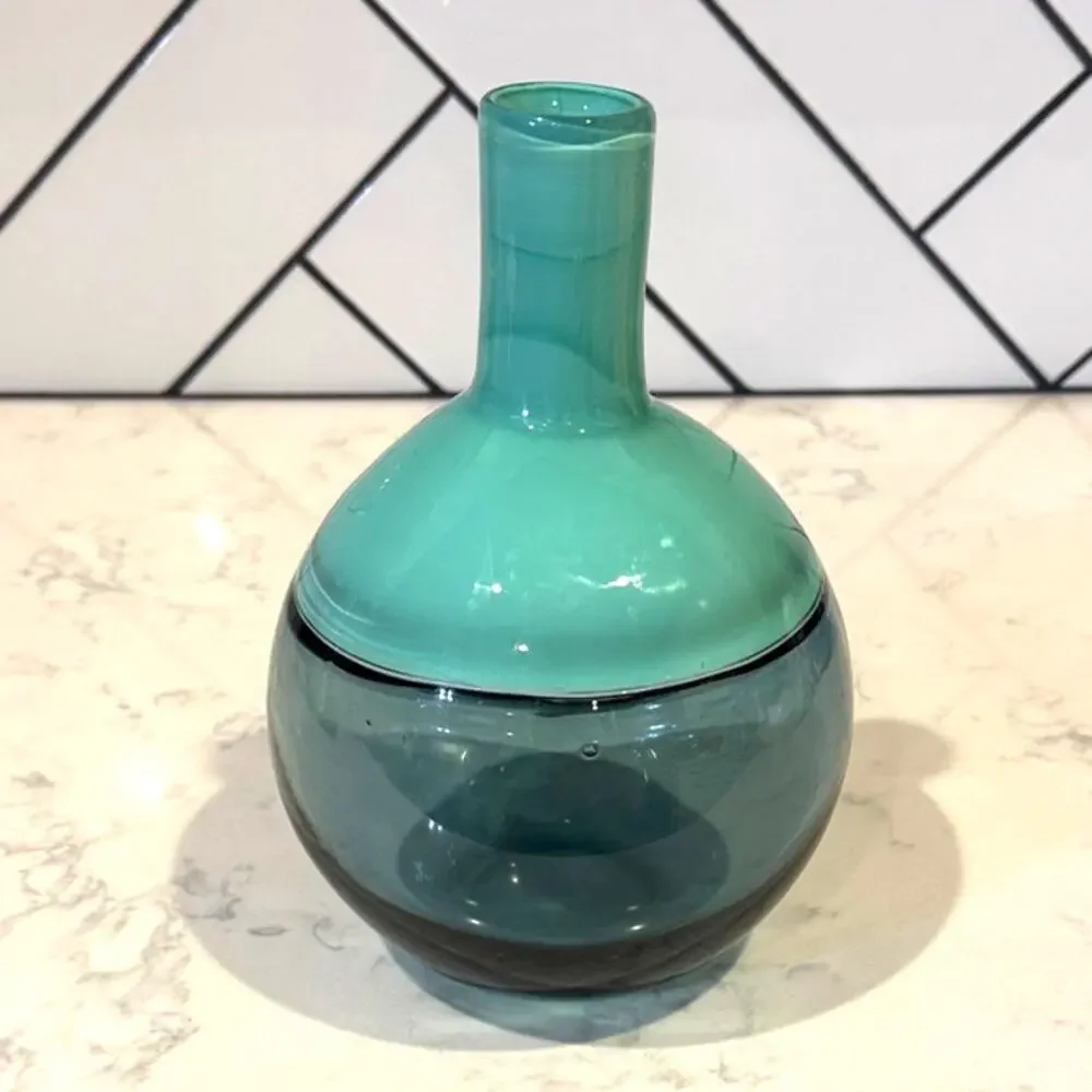 West Elm Vitreluxe Hand Blown Glass Vase in a green/teal mid century modern